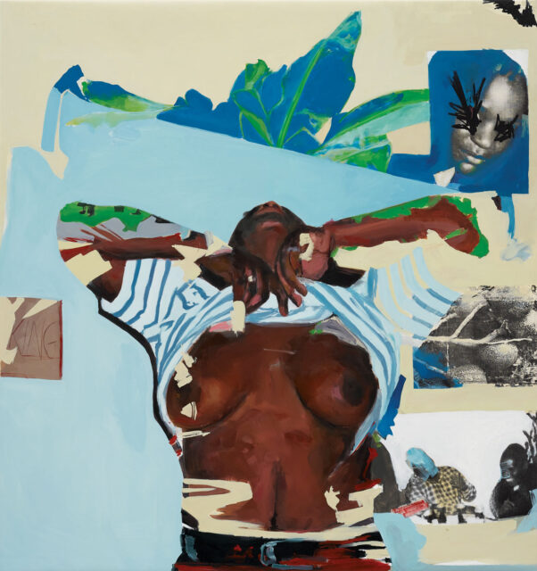 Painting by Kudzanai-Violet Hwami of a woman throwing back her head and lifting her shirt
