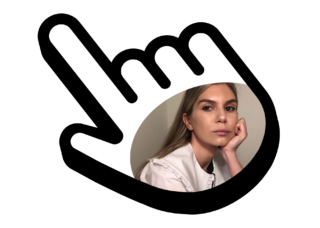 Composite graphic. The author’s portrait appears inside a large hand-shaped cursor.