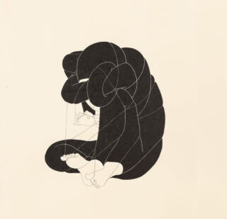A spider woman weaves a web, with her face obscured
