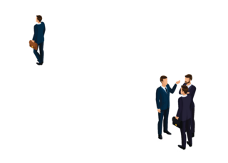 Illustration of three businessman talking in a group. In the background, another businessman is walking into the distance.