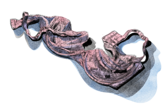 Illustration of a pink bra lying on the floor.