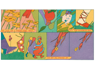 A preview of Maria Medem’s comic, showing the characters preparing for “offering day.” Illustrated in vivd colors.
