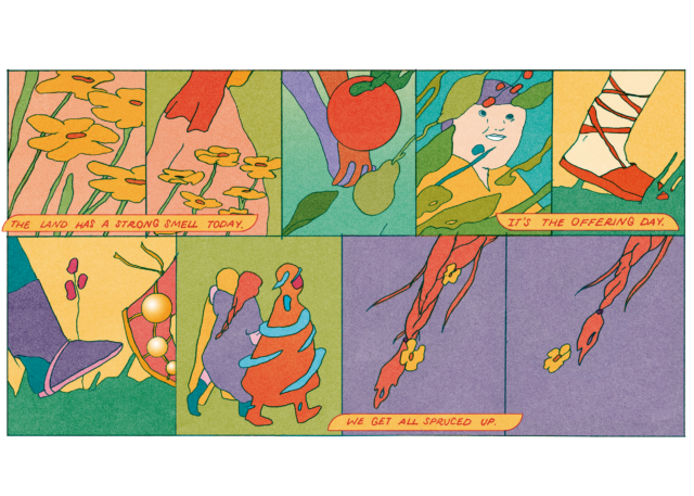 A preview of Maria Medem’s comic, showing the characters preparing for “offering day.” Illustrated in vivd colors.