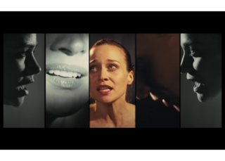 Screenshot from the music video for Fiona Apple’s “Hot Knife.” In this frame, there are five different panels set next to each other. The outermost panels show Apple’s sister, Maude Maggart, in profile. The next pair in show close-ups of Apple’s lips from different angles. The center panel shows Apple’s face in full view. Here she is illuminated by a warm light, making this panel stand out next to the black-and-white and/or darker panels to the left and right. The center-panel Apple is gazing upwards, her lips just parted, delivering a lyric. The muscles in her neck appear tensed, reflecting the effort put into her performance.