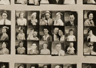 Contact sheet of portraits from the 1930s. Several feature a father and daughter posed together.