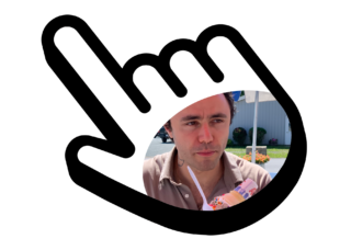 Composite graphic. The author’s portrait appears inside a large hand-shaped cursor.