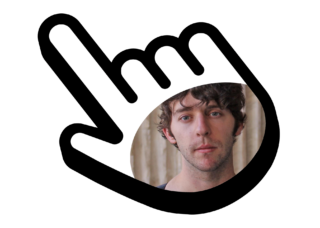 Composite graphic. The author’s portrait appears inside a large hand-shaped cursor.