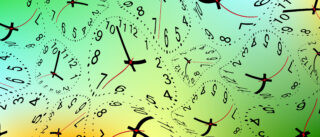 A series of distorted clock faces on a background of yellow and lime green