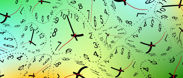 A series of distorted clock faces on a background of yellow and lime green