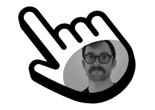 Composite graphic. The author’s portrait appears inside a large hand-shaped cursor.