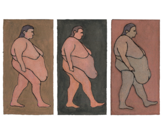 Color illustration by Toma Vagner. A repeating illustration of an obese woman walking toward the right of the frame.