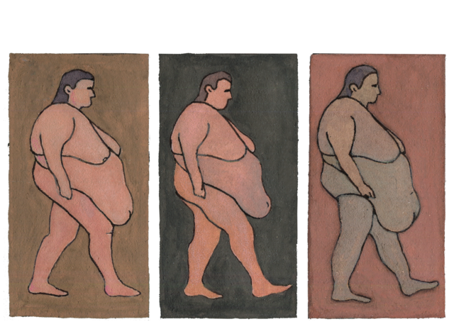 Color illustration by Toma Vagner. A repeating illustration of an obese woman walking toward the right of the frame.