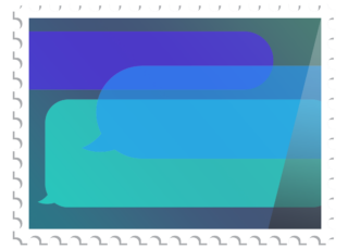 Digital illustration of a postage stamp featuring three message bubbles as art. Rendered in various artificial, hyper-saturated blue tones.