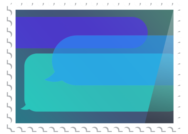 Digital illustration of a postage stamp featuring three message bubbles as art. Rendered in various artificial, hyper-saturated blue tones.