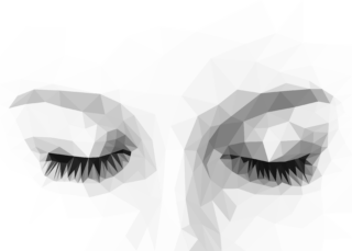 Black-and-white close-up illustration of a person’s closed eyes. The curvature of the eyelids, eyebrows, and the bridge of the nose are rendered in triangles of various sizes and opacities.