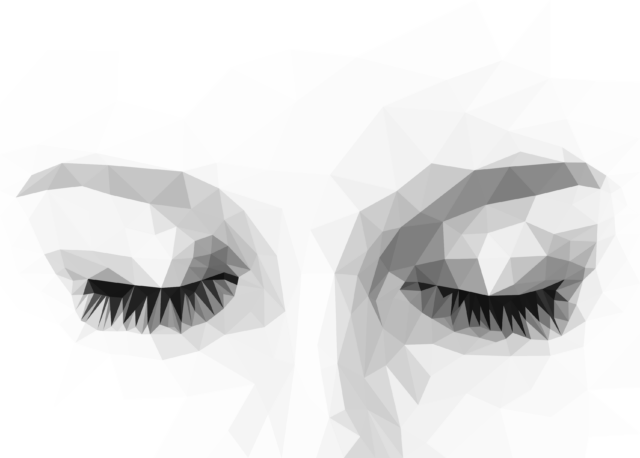 Black-and-white close-up illustration of a person’s closed eyes. The curvature of the eyelids, eyebrows, and the bridge of the nose are rendered in triangles of various sizes and opacities.