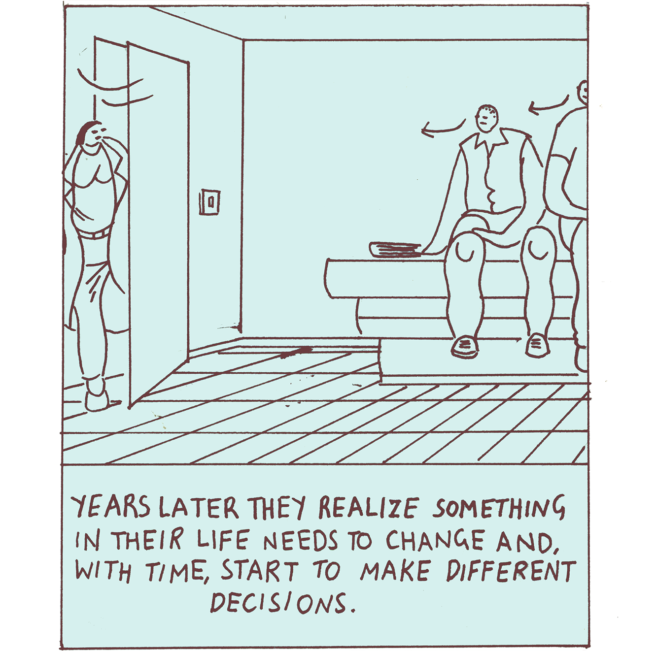 Tommi and their dad are sitting at the examination table. They turn their heads as the doctor comes in. Tommi put the book down next to them. The caption reads “Years later they realize something in their life needs to change and, with time, start to make different decisions.”