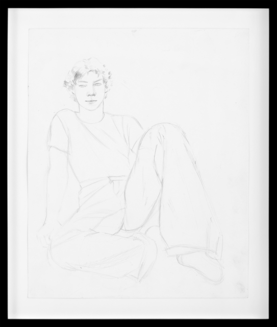Pencil drawing by Larry Stanton. A young man is seated on the ground with his legs splayed open. The pose and his gaze are seductive.