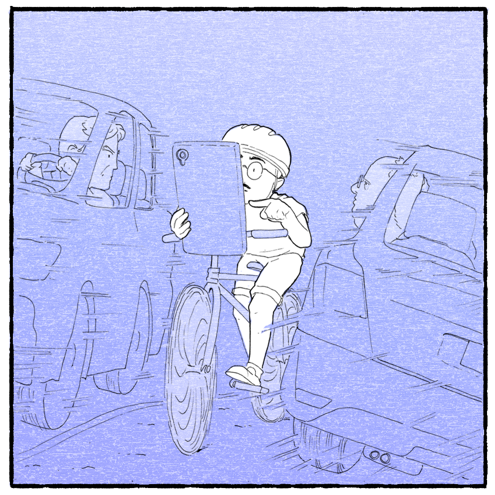 The artist pulls out his phone while biking to look at directions. The phone is rendered in a comically large size. Drivers on either side of the artist glare at him.
