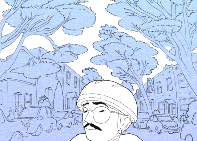Illustration of the author biking down a tree-lined street.