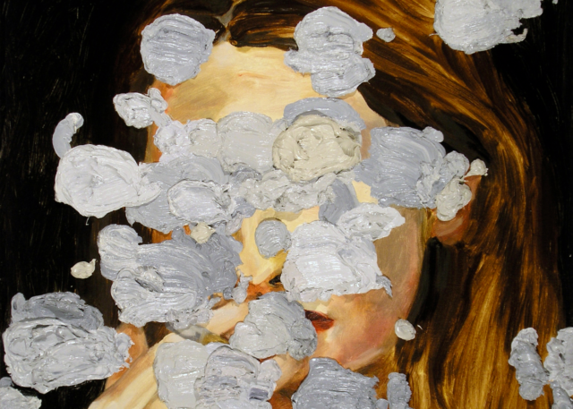 Oil painting. Thick daubs of gray paint, intended to mimic and exaggerate the character of smoke, obscure the face of a woman with shoulder-length golden-brown hair.