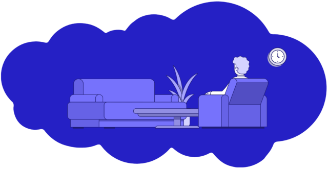 Minimalist illustration in deep blue tones. A man sits alone in an armchair across from an empty couch and potted fern.