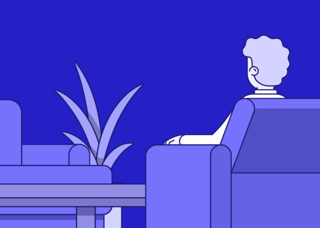 Minimalist illustration in deep blue tones. A man sits alone in an armchair across from an empty couch and potted fern.