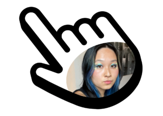 Composite graphic. The author’s portrait appears inside a large hand-shaped cursor.