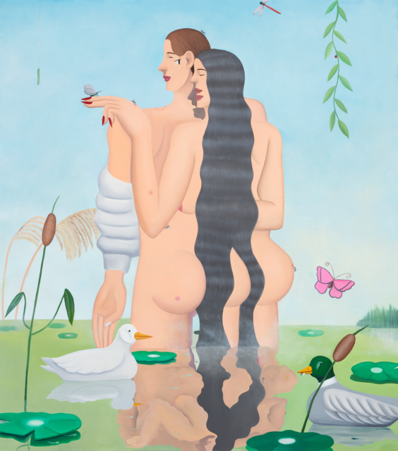 Oil on canvas painting in a bold, modern style. Two naked figures stand so close to each other that the edges of their bodies are indistinguishable. They are up to their knees in a warm-green pond, surrounded by lily pads, two ducks, and a handful of charming insects (though a few have left bite marks on the figures). The closer figure has long wavy black hair that cascades down their back, cuts around their large butt cheeks, and then flows into the water. The painting has an Edenic feel, but also a slight edge.
