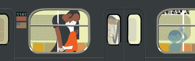 Illustration of a couple embracing in the window of a subway car