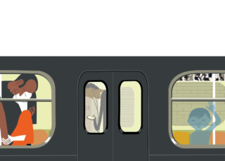 Illustration of a couple embracing in the window of a subway car