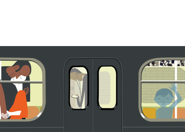 Illustration of a couple embracing in the window of a subway car