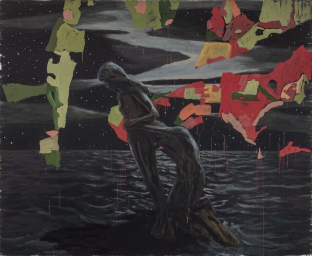 Oil and wax painting on canvas by Enrique Martínez Celaya. A male figure kneels behind a standing woman, grasping around her midsection. She faces away from him. He seems to cling to her with longing and desperation. The two figures are perched on a stone outcrop in a wide ocean. It’s a moonless night and stars are scattered across the black sky. On top of the oceanic background, but behind the figures, the artist has painted a bird’s eye view of various island formations. These are constructed of blocks of bright colors, as one might see on a map that uses colors to demarcate different regions. The 2D brightly-colored islands — green, red, orange, yellow — stand in striking contrast with the rest of the painting, which appears 3D and is rendered in black, blue, and gray tones.