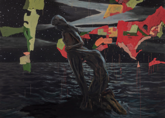 Oil and wax painting on canvas by Enrique Martínez Celaya. A male figure kneels behind a standing woman, grasping around her midsection. She faces away from him. He seems to cling to her with longing and desperation. The two figures are perched on a stone outcrop in a wide ocean. It’s a moonless night and stars are scattered across the black sky. On top of the oceanic background, but behind the figures, the artist has painted a bird’s eye view of various island formations. These are constructed of blocks of bright colors, as one might see on a map that uses colors to demarcate different regions. The 2D brightly-colored islands — green, red, orange, yellow — stand in striking contrast with the rest of the painting, which appears 3D and is rendered in black, blue, and gray tones.