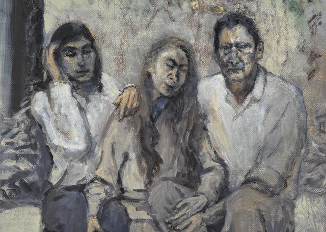 Group portrait of Bella, the artist, and Lucian Freud. The three figures are seated, facing toward the viewer. The artist has her hand clasped on Bella's knee, and her other hand touching Lucian’s hand.