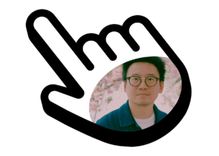 Composite graphic. The author’s portrait appears inside a large hand-shaped cursor.