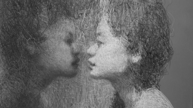 Black-and-white illustration by Jia Sung. A woman gazes at her reflection. The reflected figure is slightly abstracted — Sung uses more variable, swirling marks, especially above and below the reflection's face.