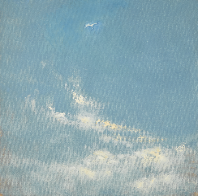 Painting by Celia Paul of scattered clouds against a warm blue sky. A single bird glides on the wind toward the top of the frame.