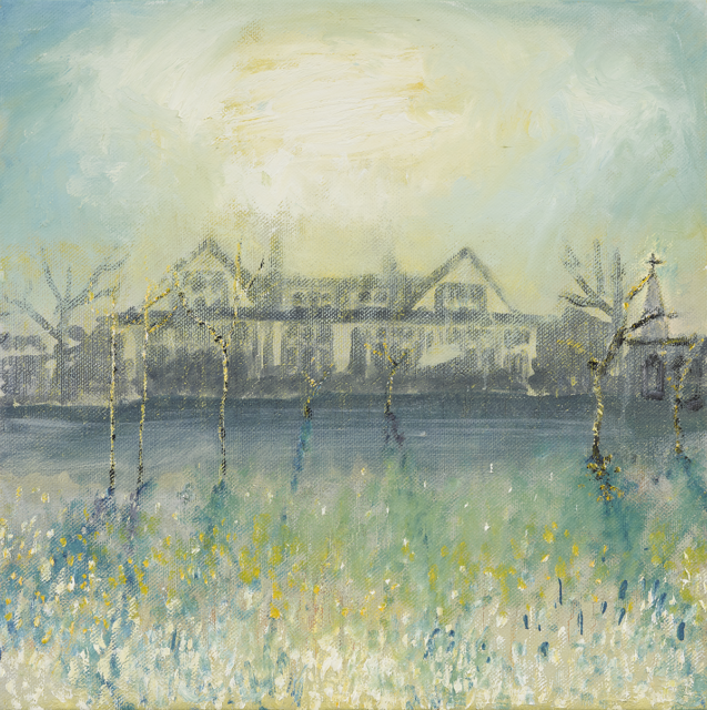 Painting by Celia Paul. The artist's father's house lies in the distance. In the foreground are yellow, green, and blue grasses and flowers. The sun hangs above the house. The border between the sun and the blue sky are very diffuse and abstracted.