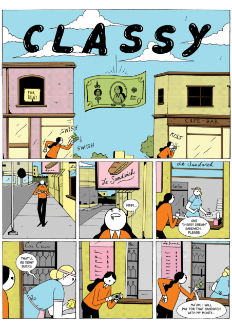 Comic strip about a down and out millenial whose sandwich falls into the trash