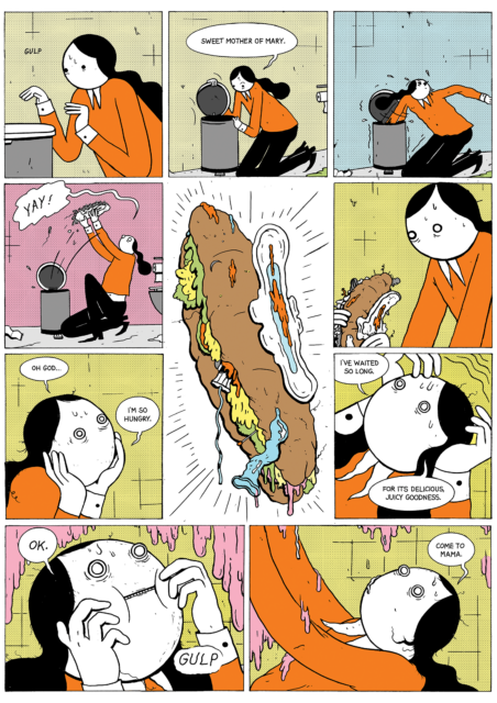 A down and out millennial saves her sandwich from the trash