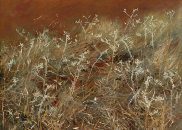 Oil on canvas painting of thistles blowing in the wind. The color palette features rich browns in the background and light tan — inflected with greens, golds, blues, and more browns — for the thistles. The brushstrokes are graceful and convey movement.
