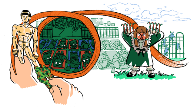 Original illustration by Jeremy Sorese. The artist’s style is cartoon-like and brightly colored. A snake’s tail loops crossways, breaking the illustration into multiple vignettes, revealing scenes from the essay. On the left, Paul removes the camo pants off a GI Joe doll. In the center-left, Paul lies alongside fellow kindergarteners on blue and red mats in a darkened room. He holds sleeping-Stephanie’s hand, but his eyes are open. Several of the other boys are awake, their eyeballs wide and white, contrasting with the illustrator’s wash of dark green. Center-right, Stephanie, enraged on the playground, points at her temple and spins her hands, miming her crazed state. On the far right, kids climb up on a jungle-gym structure.