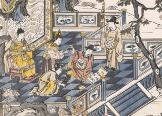 Woodblock print of Li Bai writing poems.
