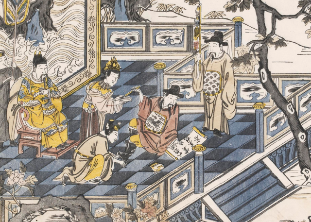 Woodblock print of Li Bai writing poems.
