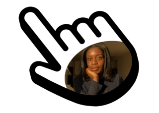 Composite graphic. The author’s portrait appears inside a large hand-shaped cursor.