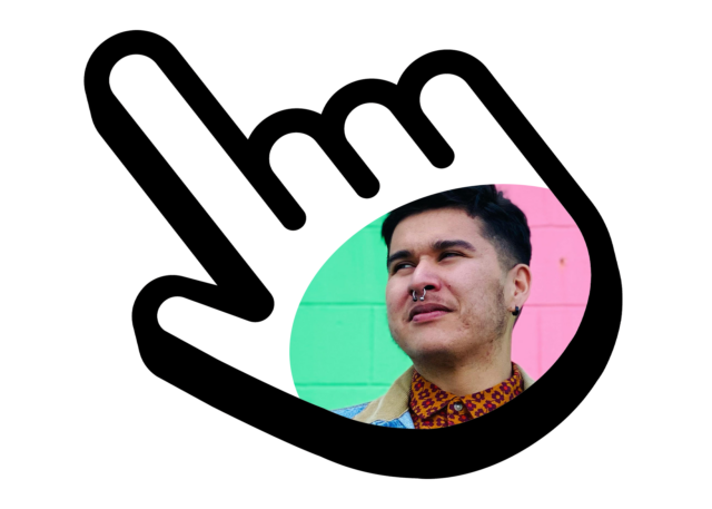 Composite graphic. The author’s portrait appears inside a large hand-shaped cursor.
