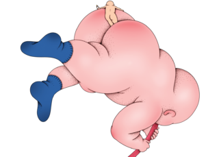A giant floating baby sucking on an elephant's trunk
