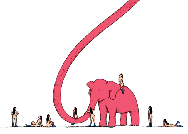 A giant floating baby sucking on elephant's trunk
