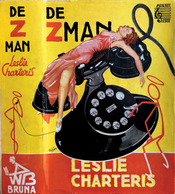 Surreal 1939 Dutch pulp cover showing a woman reclining on the receiver of a giant old rotary phone.
